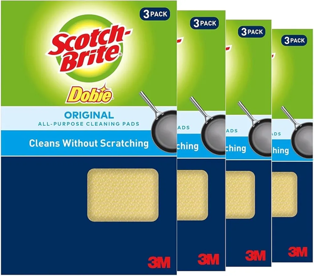 3M Scotch-Brite Dobie All Purpose Pads, 3Count (Pack of 4) Total 12 Pads