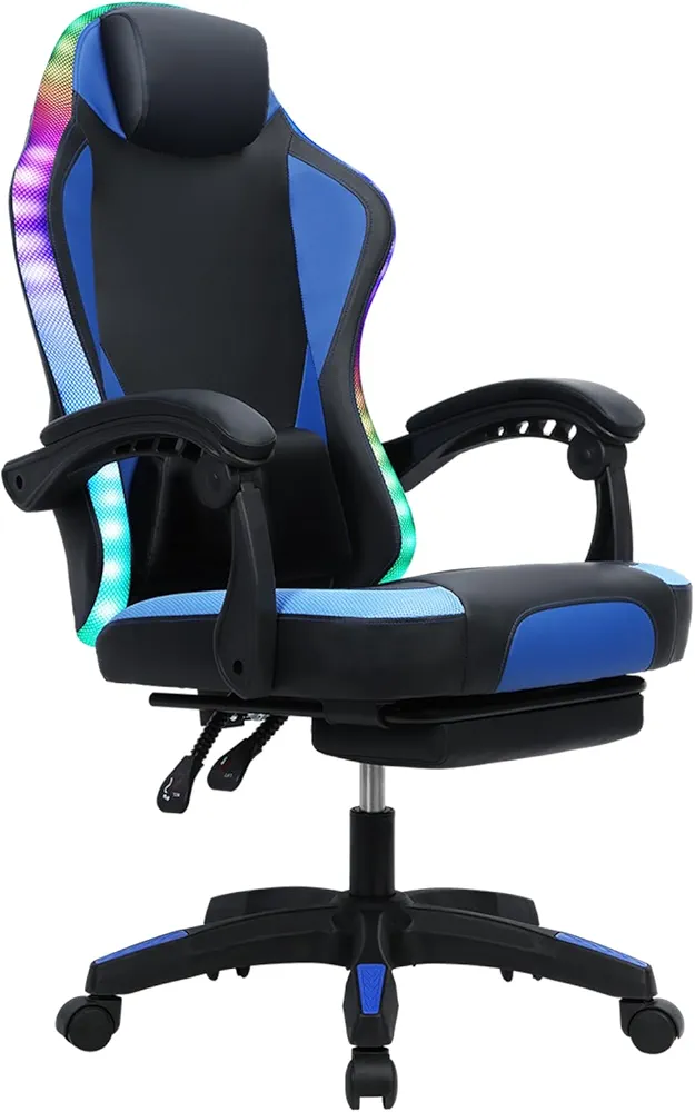 Gaming Chair with Bluetooth Speakers and RGB LED Lights, Ergonomic Massage Computer Gaming Chair with Footrest Height Adjustable, Video Game Chair High Back with Lumbar Support Blue