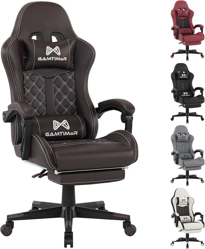 Gaming Chair, Computer Office Chair with Footrest, 155° Reclining Chair, Ergonomic High Back Computer Chair with Headrest and Lumbar Support for Adults and Kids (Brown)