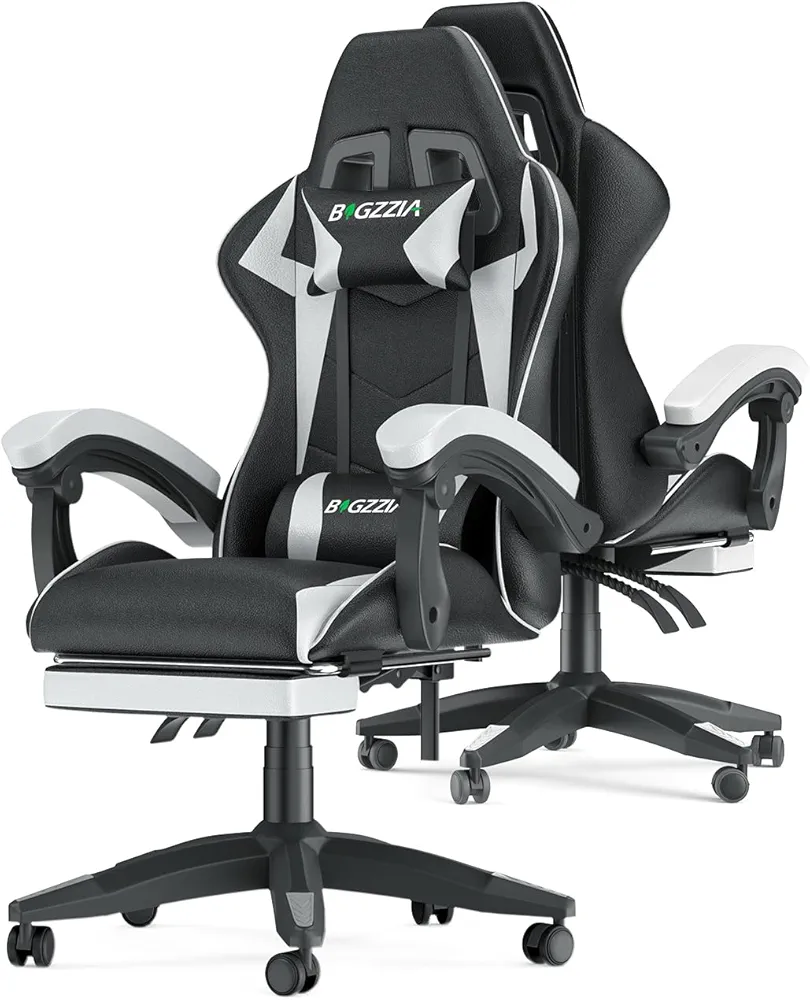 Gaming Chair with Footrest, Ergonomic Computer Chair for Adults with Headrest and Lumbar Support, Reclining Gamer Chairs with Racing Style, Swivel Seat, Backrest and Adjustable Height,White