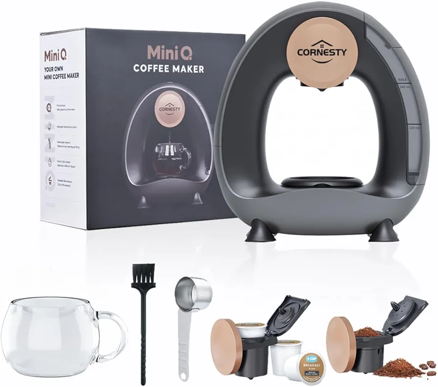 Automatic Coffee Maker for Home 240ml Drip Coffee Brewer 1400W Mini Americano Coffee Machine, 185℉ Constant Temperature, Silent, Compatible with K-Cup Pods and Ground Coffee(Grey)