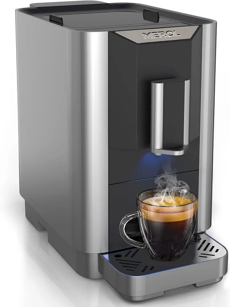 MEROL Fully Automatic Espresso Coffee Machine with Touch Screen, 19 Bar Cafe Maker Built-in Adjustable Grinder, for Coffee Lover, ME-720, Grey and Silver