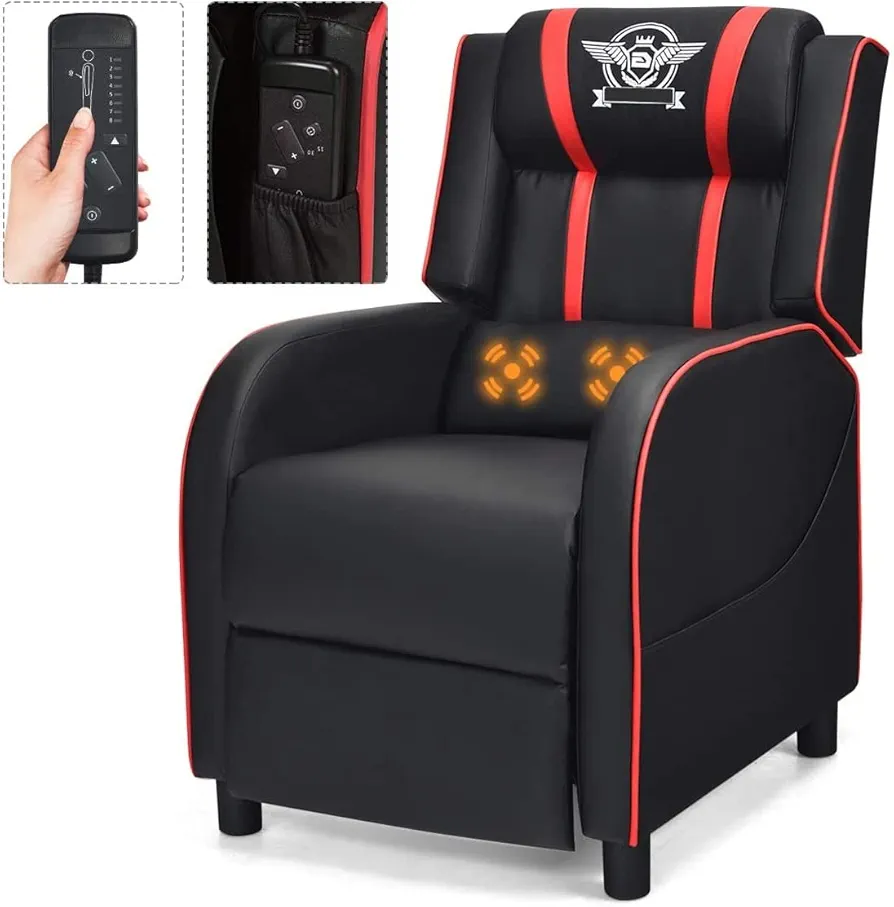 Adjustable, Racing Style Massage Single Sofa with Headrest & Lumbar Pillow, PU Leather Recliner Video Game Chairs, Red