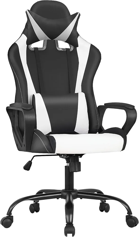 Furniture of America Kris Modern Faux Leather Upholstered Reclining Gaming Chair with Headrest Pillow, Ergonomic, Swivel, Rolling for Recreation Room, Studying, Black and White