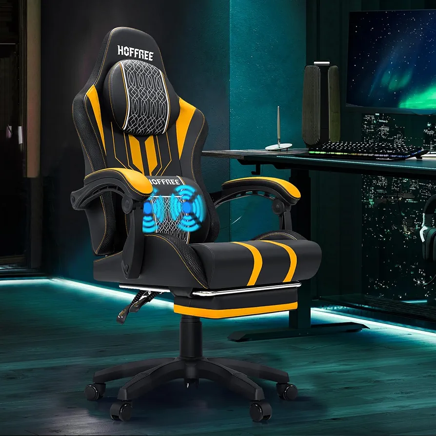 HOFFREE Gaming Chair Massage Big and Tall Video Game Chair for Adults 400lbs Computer Gaming Chair with Footrest for Heavy People Reclining Gaming Chairs Yellow and Black