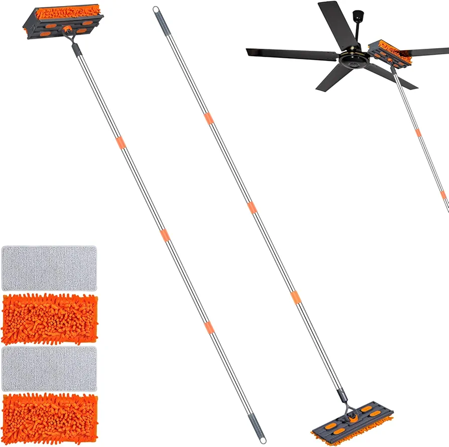 94'' Ceiling Fan Cleaner Duster 2-in-1 Mop with Extension Pole, Cleaning Dusting Tool Set with 360° Rotatable Lockable Head for Floor, Baseboard, Wall, Includes 4 Reusable Pads