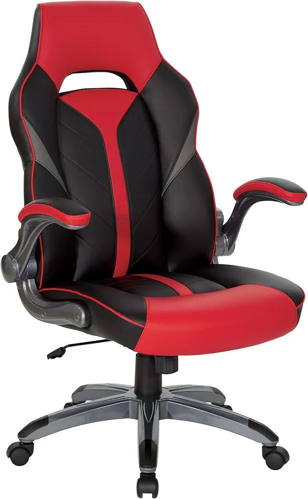 OSP Home Furnishings Orion Adjustable Gaming Chair, Black Faux Leather with Red Accents