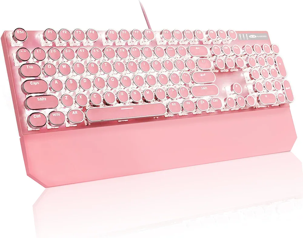 MageGee Typewriter Mechanical Gaming Keyboard, Retro Pink Punk Round Keycaps LED White Backlit Wired Keyboards with Detachable Wrist Rest for Game and Office, for Windows Laptop PC Mac - Blue Switches