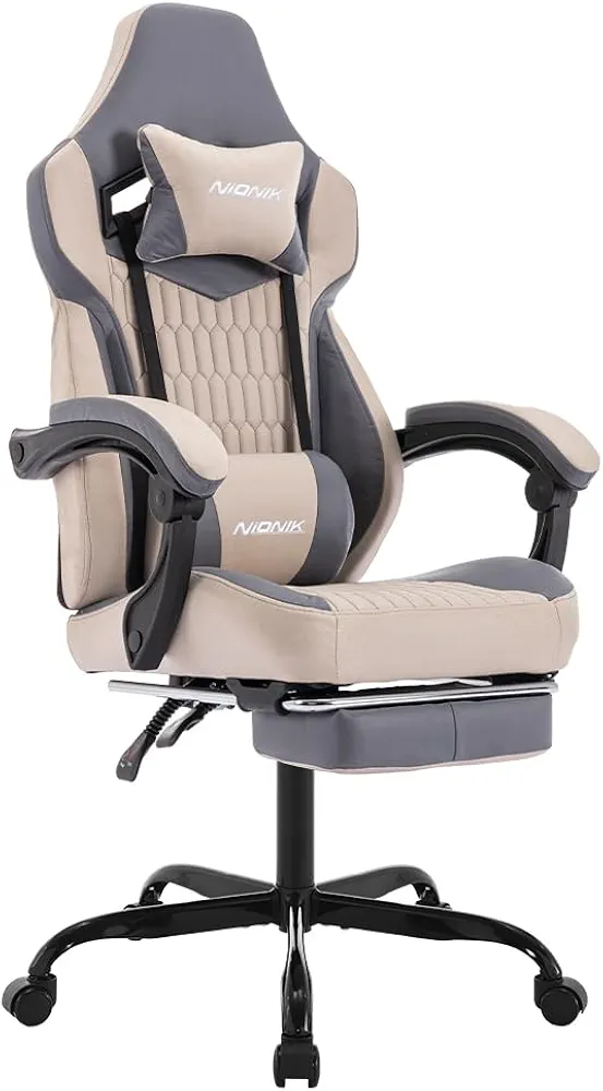 Ergonomic Gaming Chair, Video Game Computer Desk Chair, PVC Leather High Back Office Gamer Chairs with Footrest and Massage Lumbar, Big and Tall Racing Style Gaming Chair for Adults
