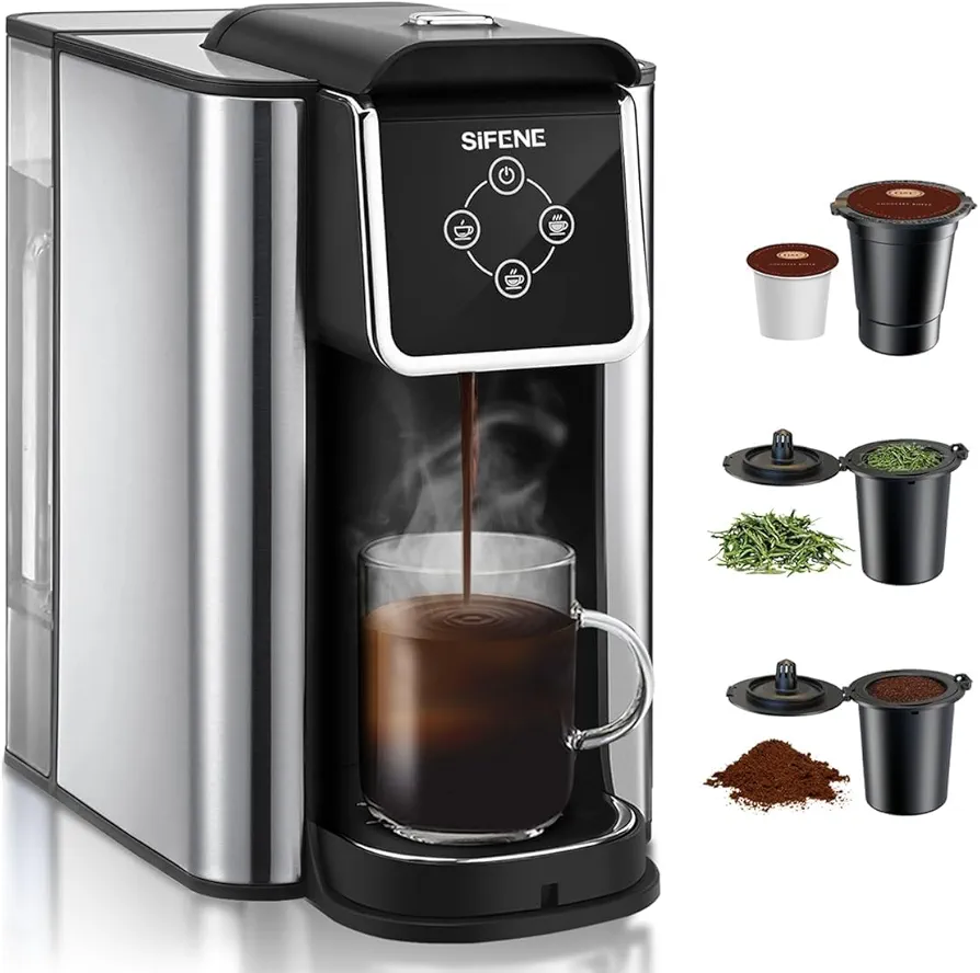 SIFENE Single Serve Coffee Machine, 3-in-1 Coffee Maker for Quick Brew Coffee Pods, Ground Coffee, and Loose Tea, 6-10oz Cup Sizes, 50oz Removable Water Tank, 1150W, Compact & Efficient, Black