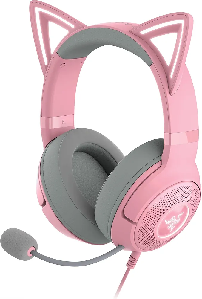 Razer Kraken Kitty V2 USB Wired RGB Headset: Chroma Kitty Ears - Stream Reactive Lighting - HyperClear Cardioid Mic - Triforce 40 mm Drivers - 7.1 Surround Sound - Quartz Pink