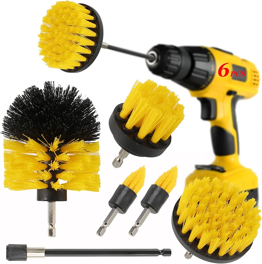6Pcs Drill Brush Cleaning Attachment Set for Shower，Yellow Power Scrubber Brushes with Extend Long Attachment for Bathroom Bathtub, Multifunctional Electric House Cleaning Supplies Tools