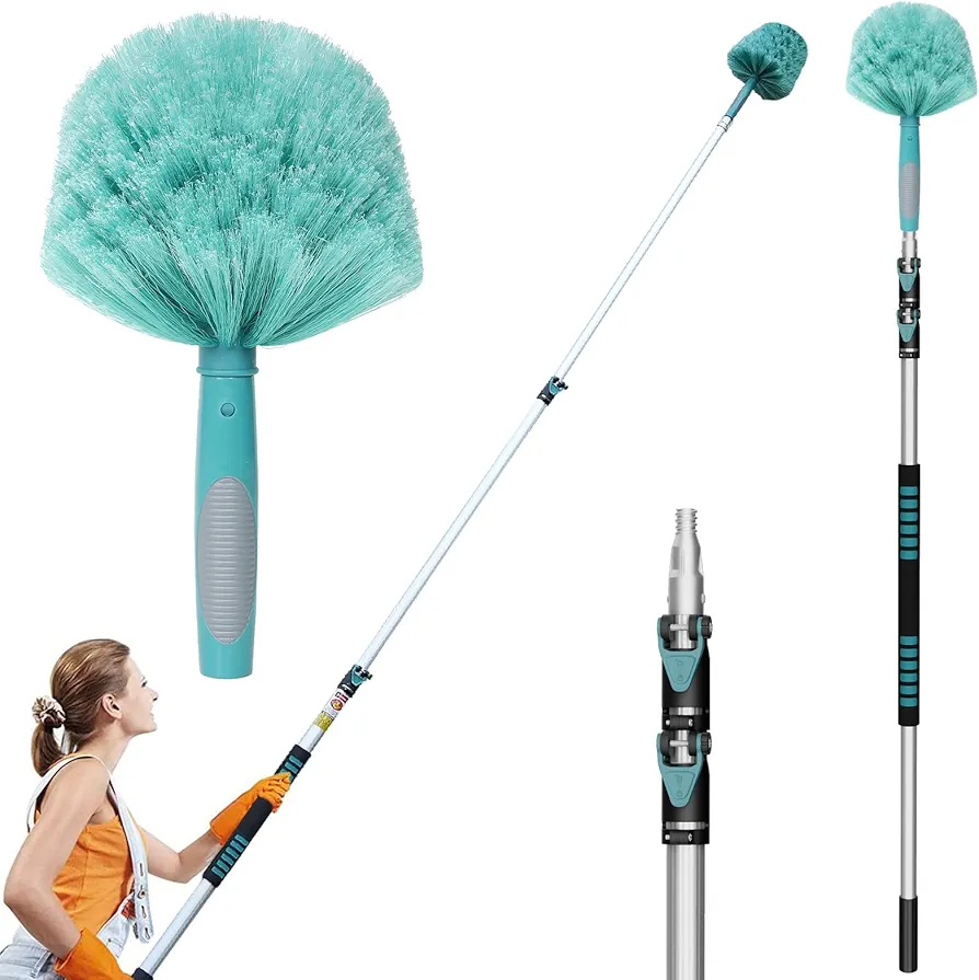 20Ft Cobweb Duster with Extension Pole, Webster Cobweb Duster with 3-Stage Telescopic Aluminum Pole, Spider Web Brush for Outdoor & Indoor Cleaning - Reach 20Ft & Soft Bristles.