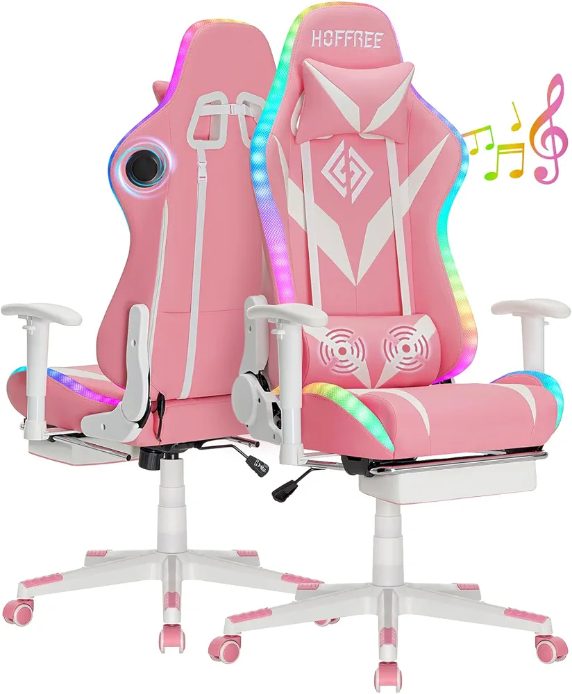 HOFFREE Gaming Chair with Bluetooth Speakers and Led Lights Massage Vide Game Chair with Footrest Reclining High Back Computer Gamer Chair for Gaming Room Pink and White