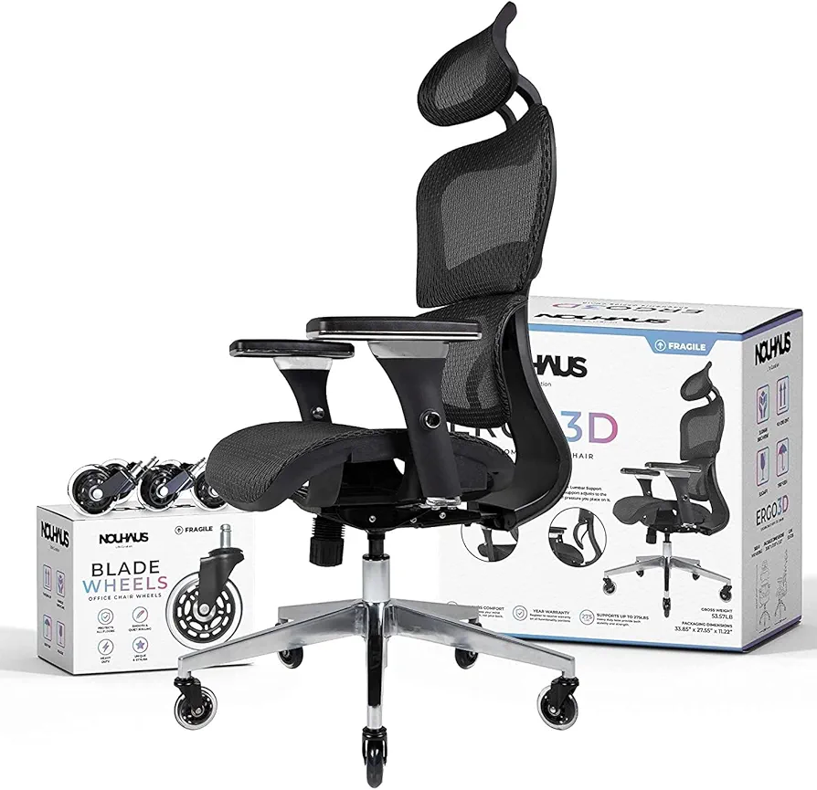 Nouhaus Ergo3D Ergonomic Office Chair Lumbar Support Mesh Office Chair with 4D Adjustable Armrest, Adjustable Headrest and Wheels, Mesh High Back Home Office Desk Chairs(Black)