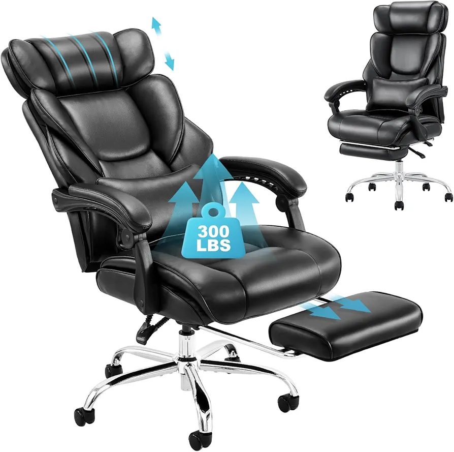 COLAMY Office Chair with Footrest, Ergonomic High Back Design Executive Computer Desk Chair with Removable Lumbar Pillow, 90-135°Reclining, Thick Bonded Leather for Home Office Work Comfort, Black