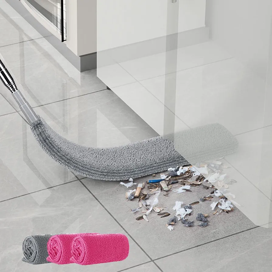 Under Appliance Microfiber Duster with Extendable Pole, 100" Telescoping Gap Dust Brush, Long Flat Flexible Duster - 4 Cloth Cover