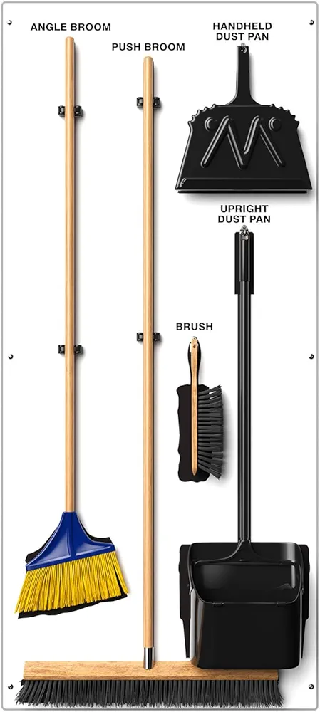 Clean & Sweep 5S Shadow Board/Wall Mount Broom Holder, 68" x 30" Board, 5S Cleaning Station - with Broom and Dustpan Set Included, Made in The USA by AccuformNMC, White/Black, PSB616WTBK