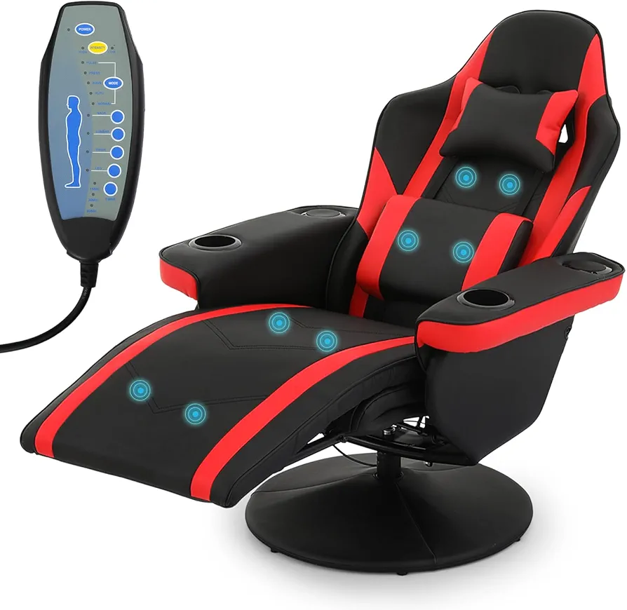 MoNiBloom Massage Gaming Recliner Chair with Speakers, Ergonomic Lumbar Neck Support and Armrests with Cup Holders, Swivel Gaming Chair for Adult Teen, Red