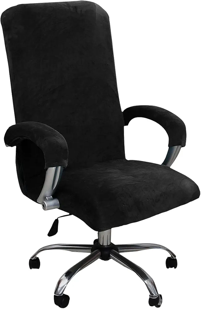 NILUOH Velvet Office Chair Cover with Arm Covers Stretch Computer Desk Chair Covers Universal Boss Swivel Chair Covers Gaming Chair Covers (L,Black)