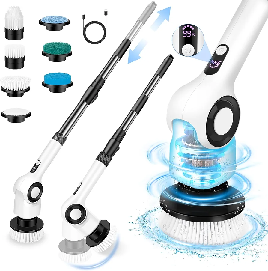 Electric Spin Scrubber, Upgraded Cordless Shower Scrubber Cleaning Brush, IPX7 Bathroom Scrubber with Extension Handle, Electric Cleaning Brush for Floor Tile, Tub, Kitchen, Window- White