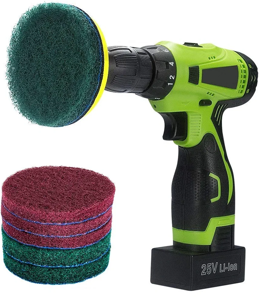Kichwit 4 Inch Drill Power Brush Tile Scrubber Scouring Pads Cleaning Kit, Includes Drill Attachment, 3 Red Pads and 3 Stiff Green Pads, Heavy Duty Household Cleaning Tool (Drill NOT Included)