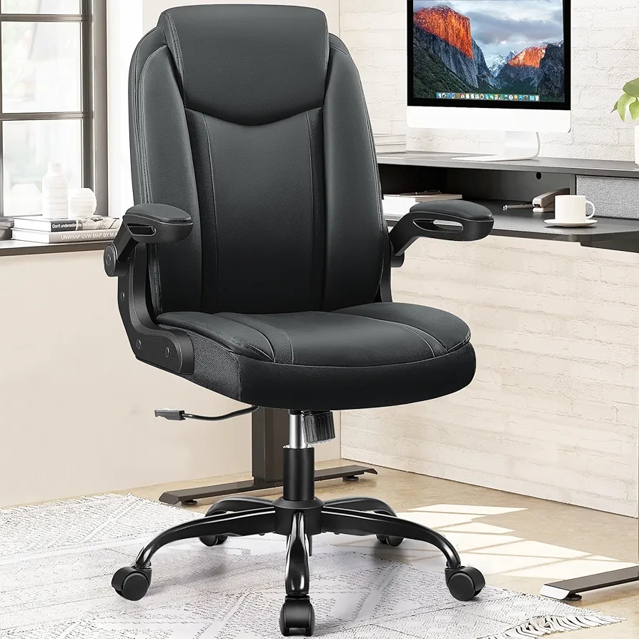 Office Chair Ergonomic Computer Desk Chair, Executive Leather Office Chair with Adjustable Flip-up Armrests Height, Swivel Task Chair with Lumbar Support Rocking Function for Home Office(Black)