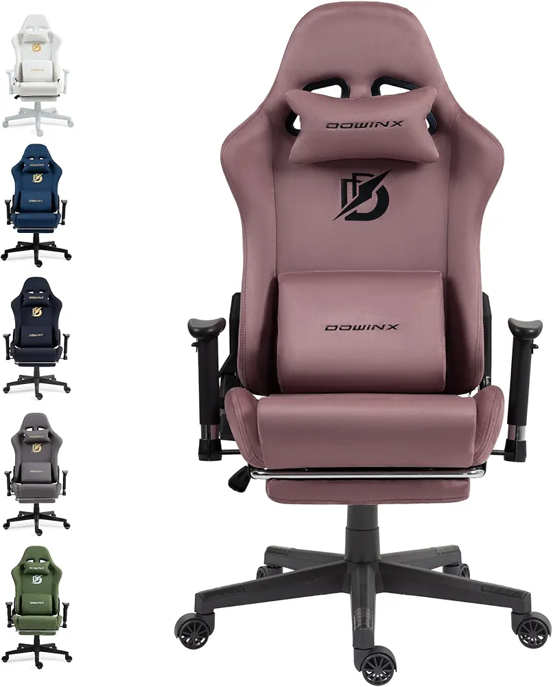 Dowinx Gaming Chair with Suede Fabric, Ergonomic Computer Chair with Massage Lumbar Support and Footrest, High Back Reclining Game Office Chair for Adults, Pink