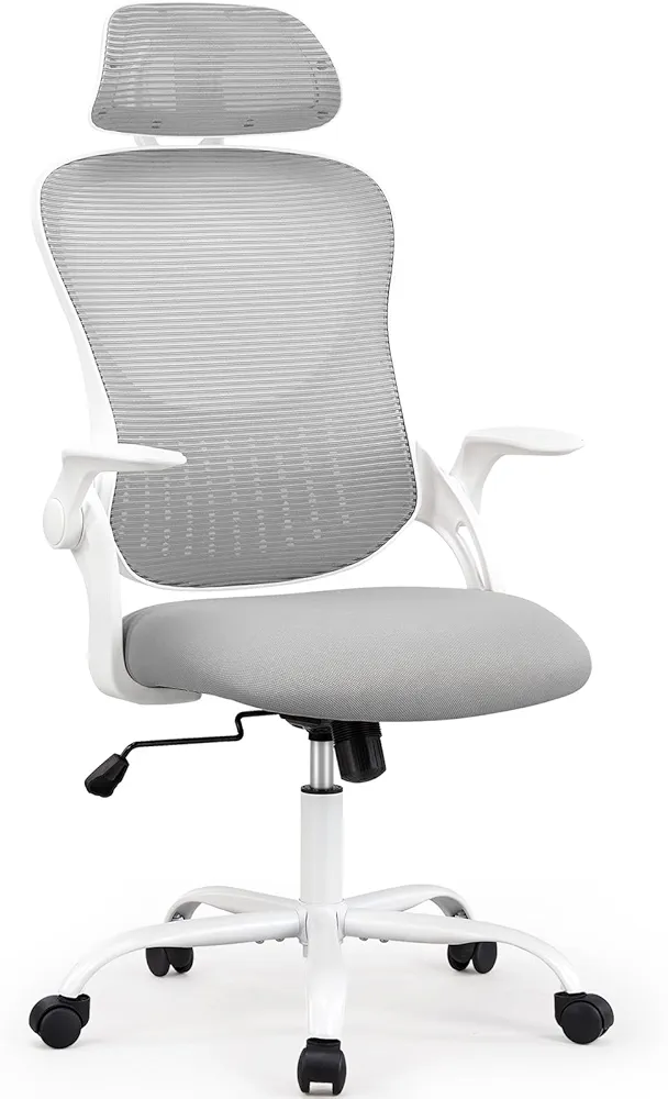 SMUG Ergonomic Office Desk Computer Chair, High Back Comfy Swivel Home Gaming Mesh Chairs with Wheels, Adjustable Headrest, Comfortable Lumbar Support, Flip-up Arms,144° Tilt for Bedroom, Study, Grey