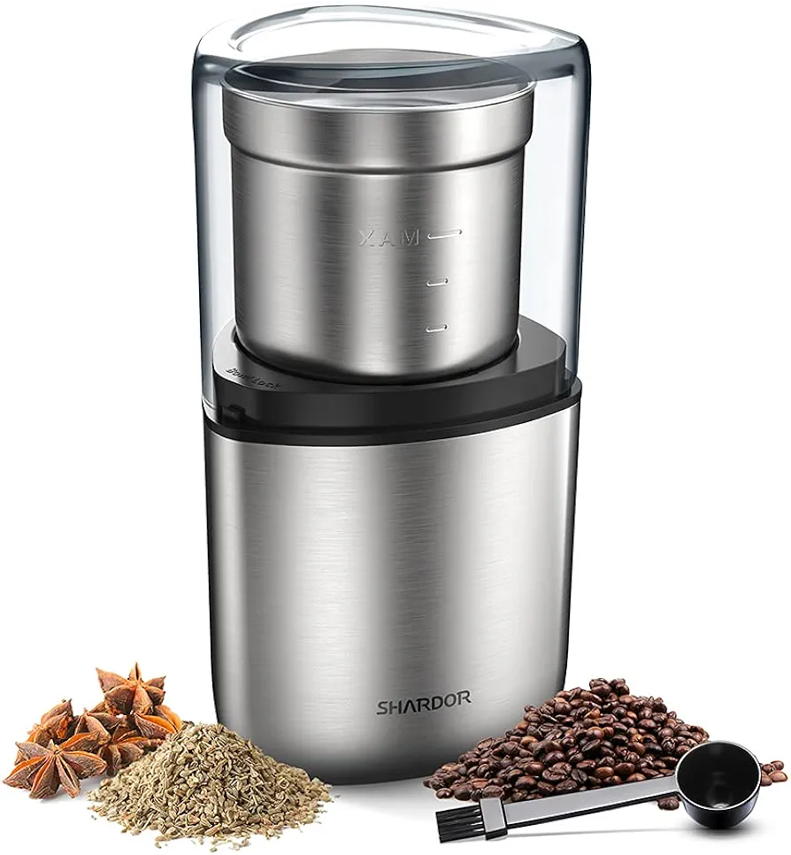 SHARDOR Coffee Grinder Electric Herb/Wet Grinder for Spices and Seeds with 2 Removable Stainless Steel Bowls, Silver