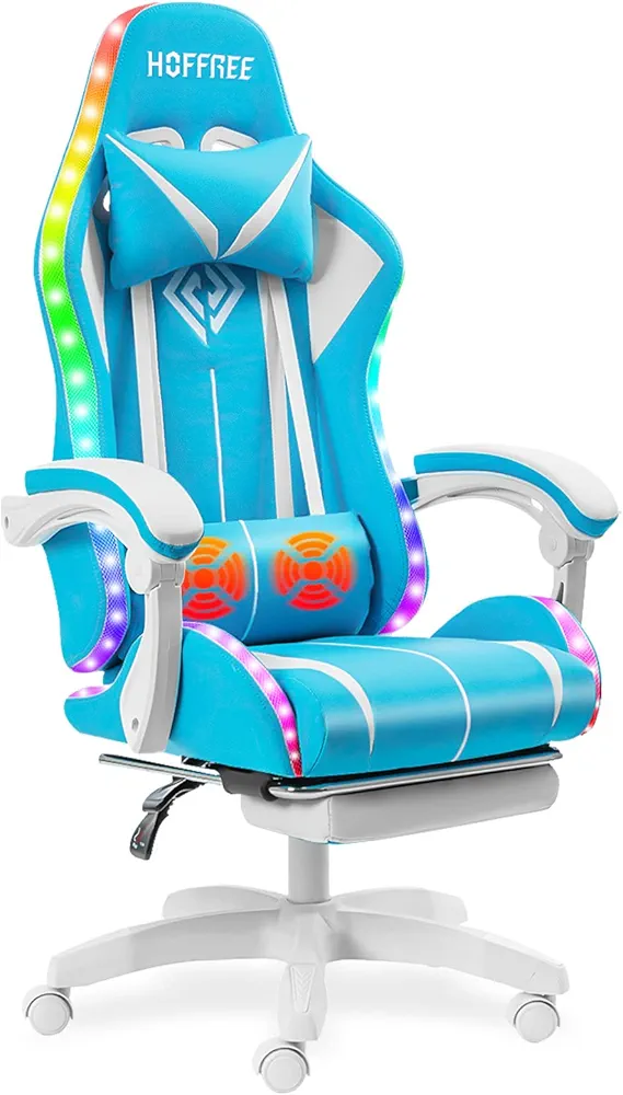RGB Gaming Chair with Massage and LED Lights Ergonomic Computer Chair with Footrest High Back Reclining Video Game Chair with Adjustable Lumbar Support Light Blue and White