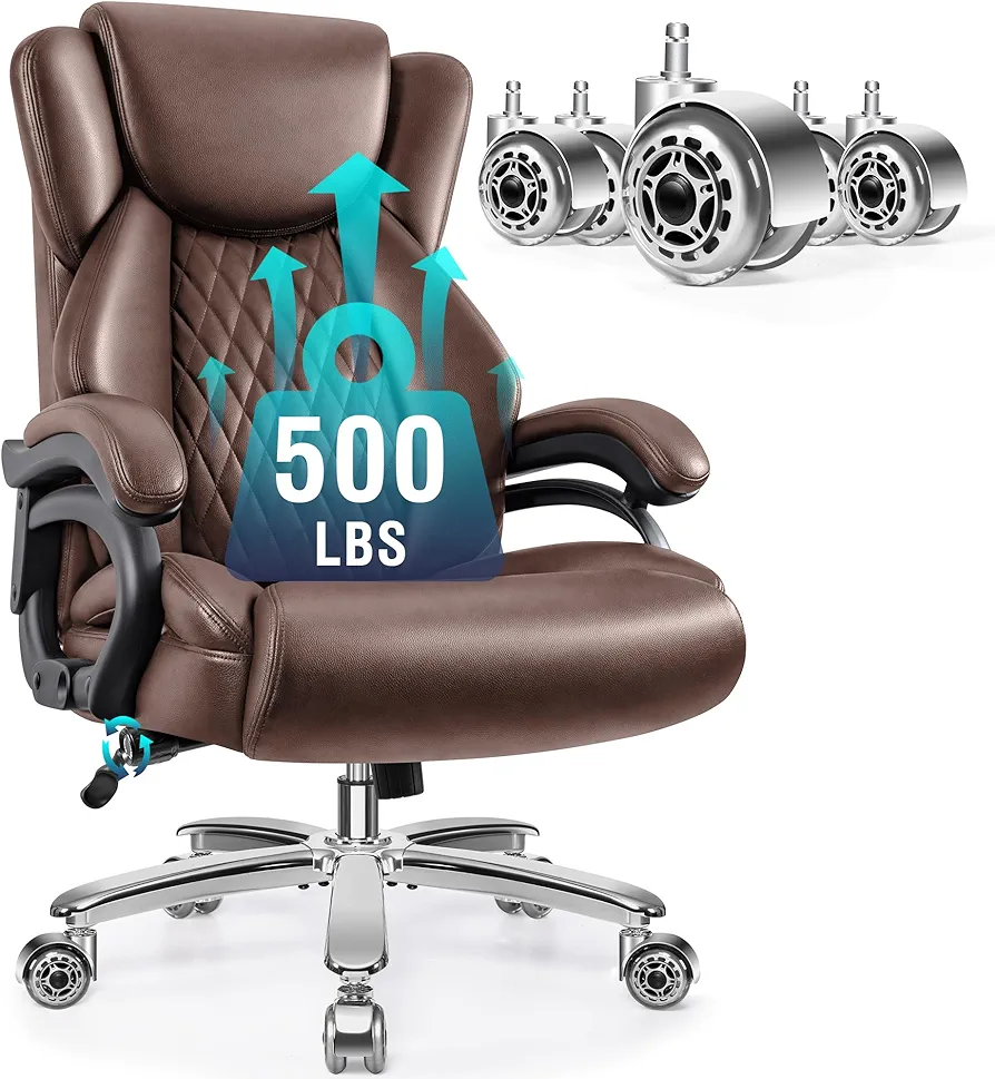 Big and Tall Office Chair 500lbs, Large PU Leather Executive Chair, High Back Computer Chair with Extra Wide Seat, Heavy Duty Metal Base & Wheels, Ergonomic Desk Chair with Adjustable Lumbar Support