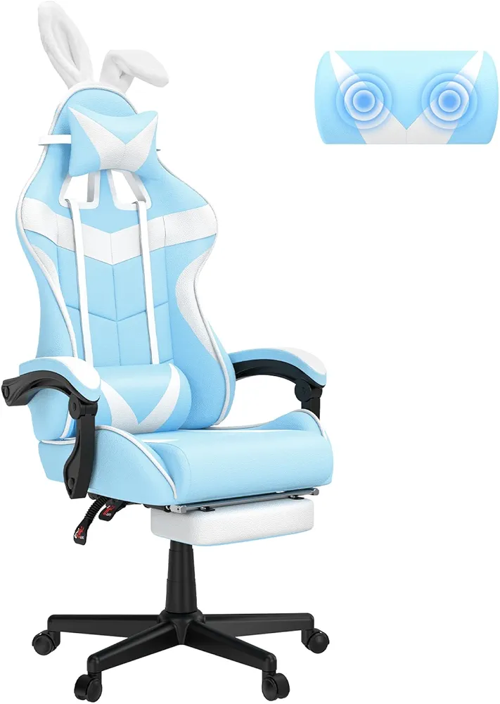 Soontrans Light Blue Gaming Chair with Footrest,Lovely Cute Bunny Computer Gamer Chair,Kawaii Desk Chair for Granddaughter,Sister,Girlfriend,Wife and Love