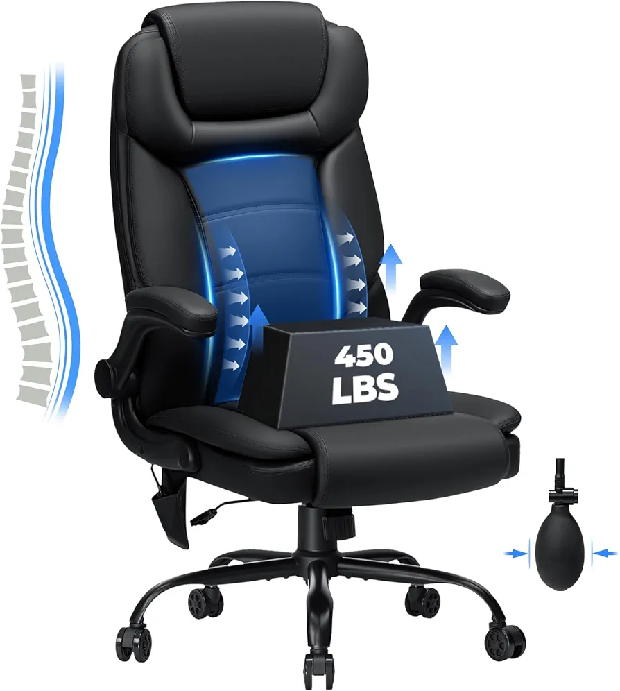 Executive Office Chair Big and Tall 450lbs Heavy Duty Office Chair with Adjustable Lumbar Support High Back Ergonomic Home Computer Leather Chair with Padded Flip-up Arms for Heavy People,Black