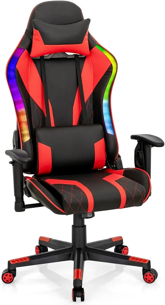 Giantex Gaming Chair with RGB LED Lights, Ergonomic Video Game Chair, High Back PVC Leather E-Sport Computer Chair Adjustable w/Headrest & Lumbar Support (Red)