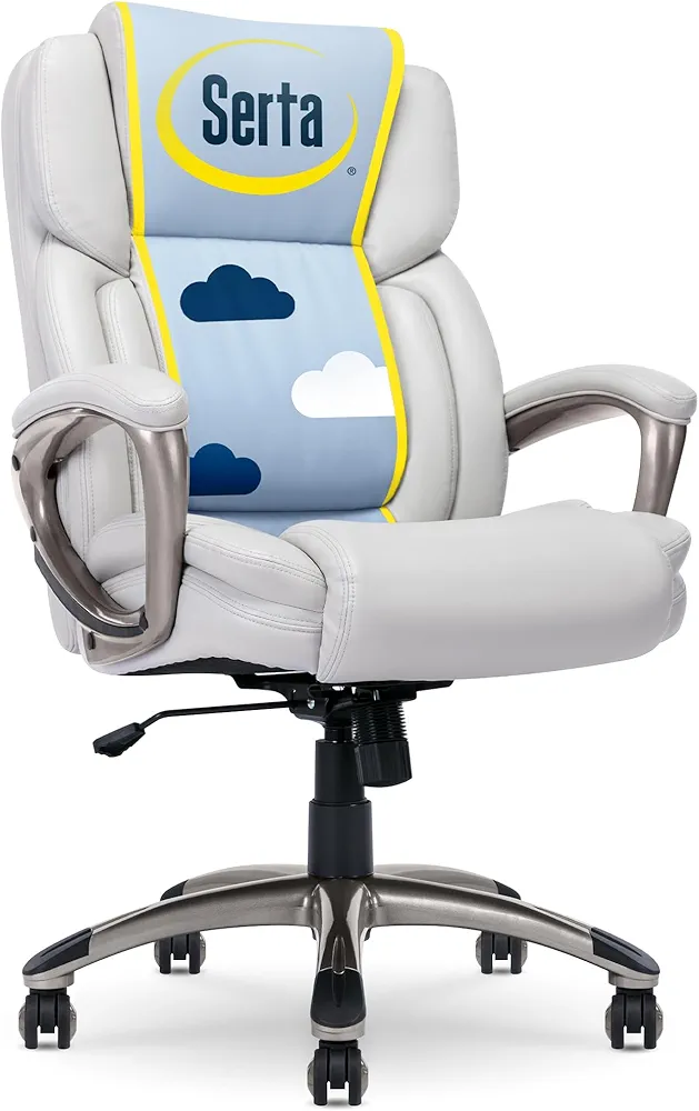 Serta Garret Executive Office Chair, Ergonomic Mid-Back with Lumbar Support, Semi-Plush Cushion and Body Pillows, Padded Armrests, Swivel Base, Bonded Leather, White