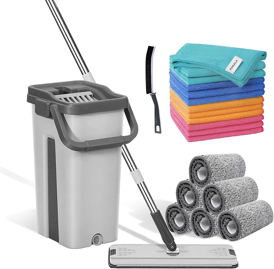 POGALA - Mop Bucket Set with 12 Microfiber Cleaning Towels and a Cleaning Brush, Mops for Floor Cleaning, Cleaning Tools, Mob, mop and Bucket with Wringer Set for Home with 6 Washable Microfiber Pads