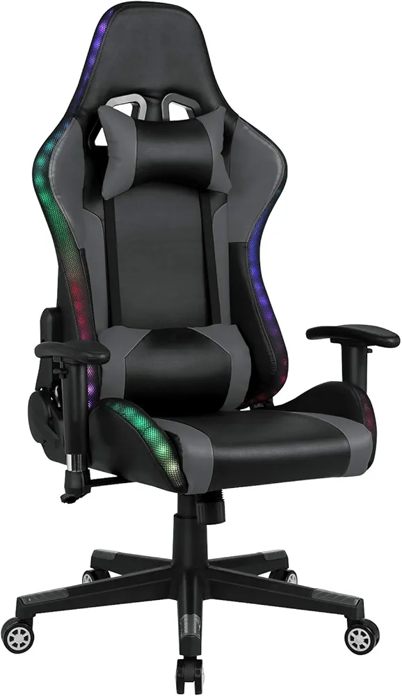 Gaming Chair with Bluetooth Speakers RGB LED Lights, Music Video Game Chair, Ergonomic PU Leather Comfortable Computer Chair, Adjustable Reclining Racing Office Swivel Chair for Adult Teens (Gray)