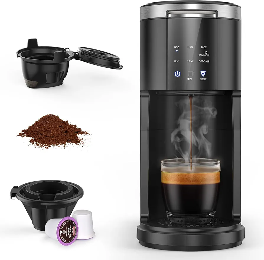 Kndko Single Serve Coffee Maker, Capsule Coffee Machine for K-Cups Pods & Ground Coffee, 40 oz Water Reservoir, 5 Brew Sizes Up To 14 Oz, Ideal for Home/Office Use, Black