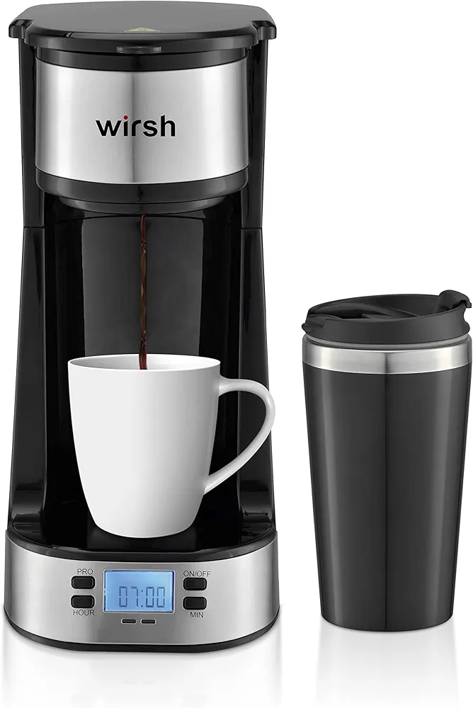 wirsh Single Serve Coffee Maker- Small Coffee Maker with Programmable Timer and LCD display,Single Cup Coffee Maker with 14 oz.Travel Mug and Reusable Coffee Filter, 【 NOT COMPATIBLE WITH POD】