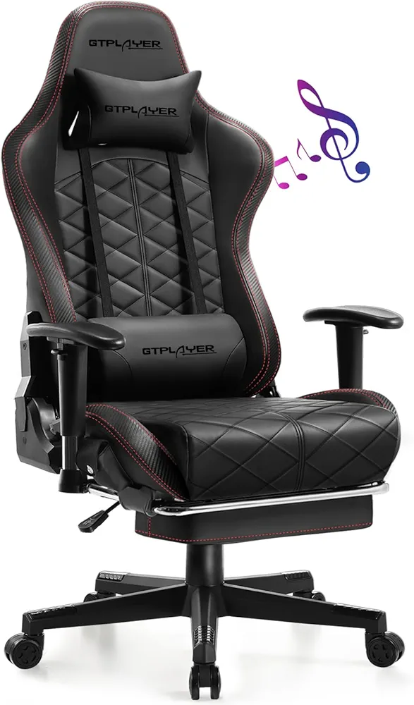 GTPLAYER Gaming Chair, Computer Chair with Bluetooth Speakers, High Back Ergonomic Office Chair Desk Chair with Lumbar Support, Height Adjustable Game Chair with Footrest 330LBS, Black Red