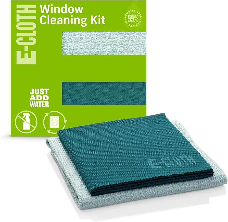 E-Cloth Window Cleaner Kit - Window and Glass Cleaning Cloth, Streak-Free Windows with just Water, Microfiber Towel Cleaning Kit for Windows, Car Windshield, Mirrors - Green