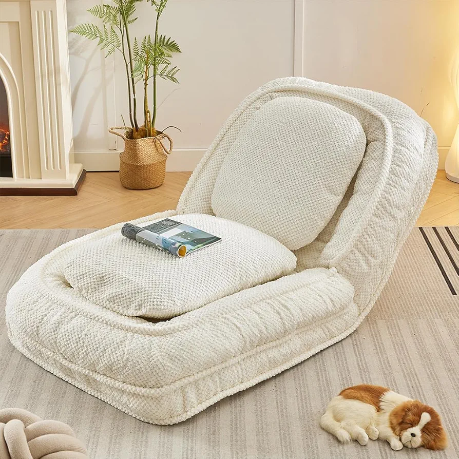 Foldable Lazy Sofa Floor Chair, 5-Position Adjustable Backrest Chaise Lounge Chair Indoor, Folding Tatami Lazy Sofa Bed, Floor Gaming Chair with Thicken Cushion,White