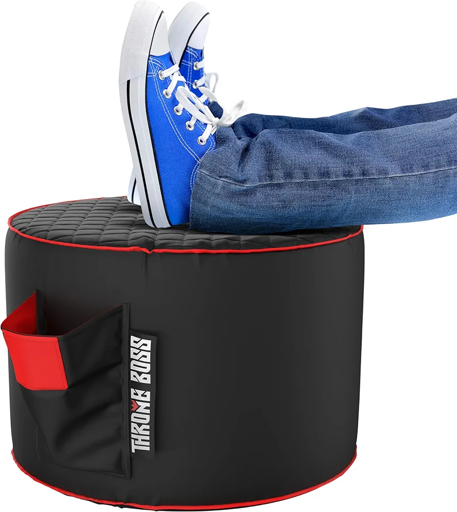 Throne Boss Gaming Footstool [Cover ONLY No Filling] - for Matching Gaming Bean Bag Chair - Pouf/Ottoman for Gaming Room - Round Gamer Foot Stool Footrest with Drink Holder (Red)