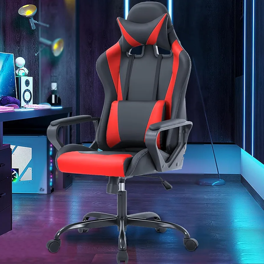 PC Gaming Chair Office Chair Ergonomic Computer Chair Mid Back Adjustable Desk Chair with Lumbar Support Armrest 360° Swivel Gaming Chair with Headrest for Home Office Work Study, Red
