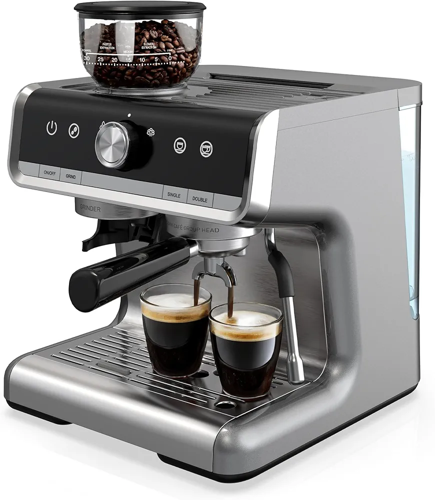 Espresso Machine, 20 Bar Semi-Automatic Espresso Coffee Maker With Grinder, Milk Frother Steamer Wand for Cappuccino, Latte, Macchiato, 95-Ounce Water Tank, PID Temperature Control,Light Gray