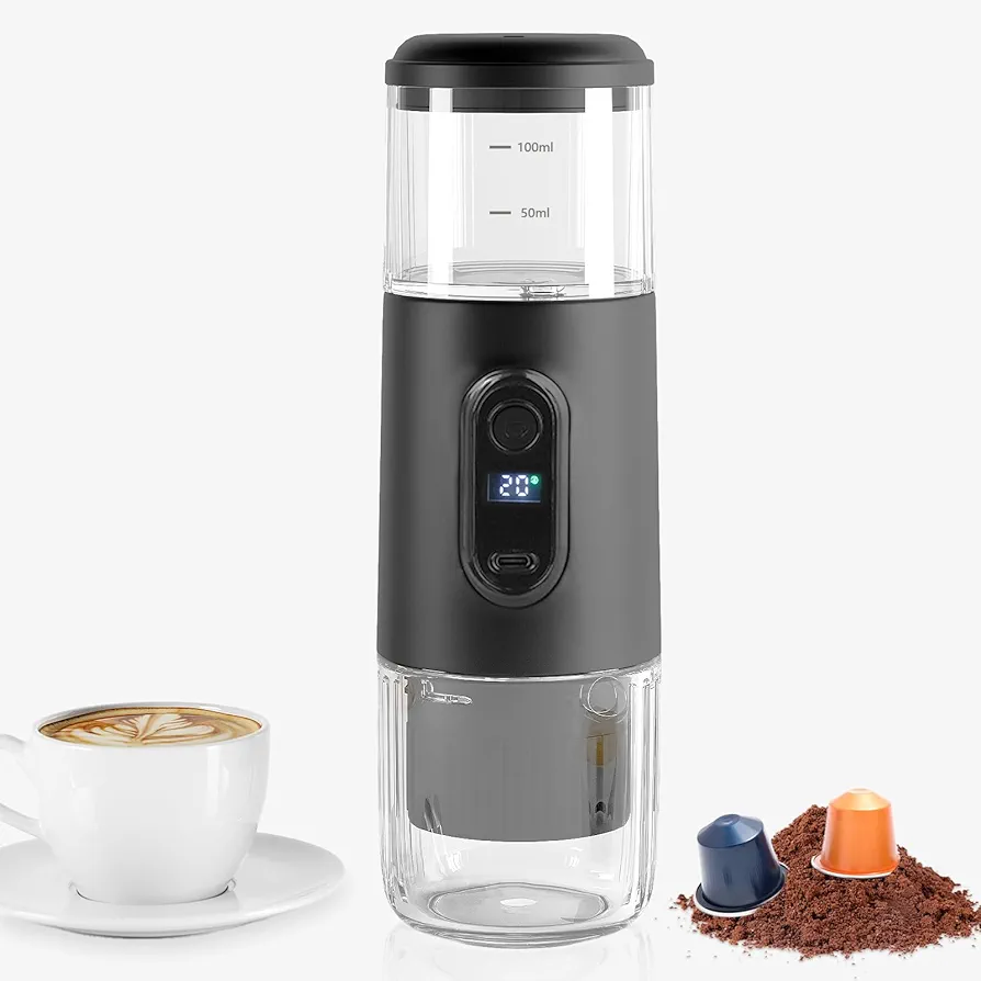 Portable Electric Espresso Coffee Machine - 2 IN 1 Wireless 15 Bar Pressure Mini Coffee Maker, Car Portable Coffee Machine Fully Charged Brew 75 Cups for Camping RV Hiking Office ( Not Self Heating)