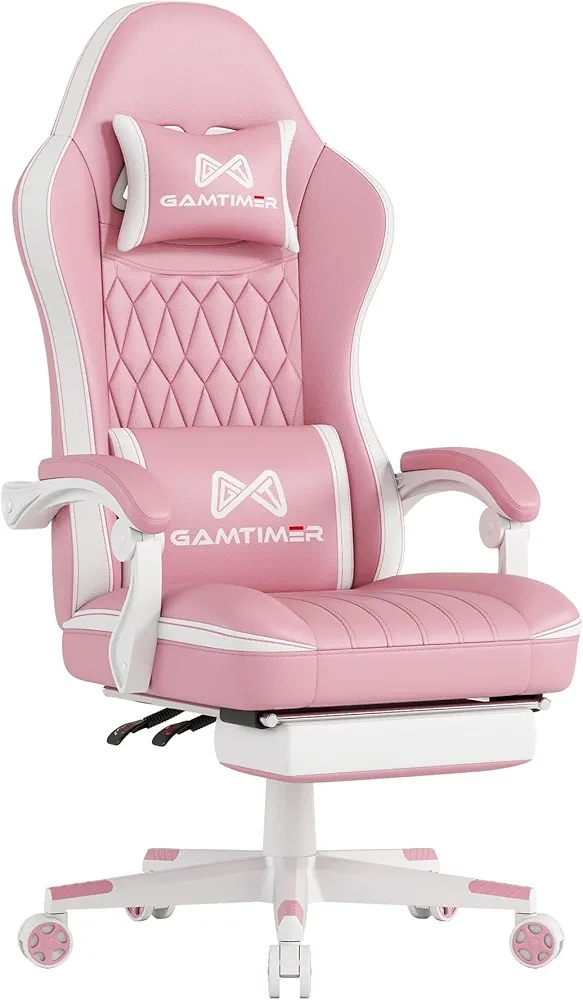 Gaming Chair, Computer Office Chair with Footrest, 155° Reclining Chair, Ergonomic High Back Computer Chair with Headrest and Lumbar Support for Adults and Kids（Pink+White）