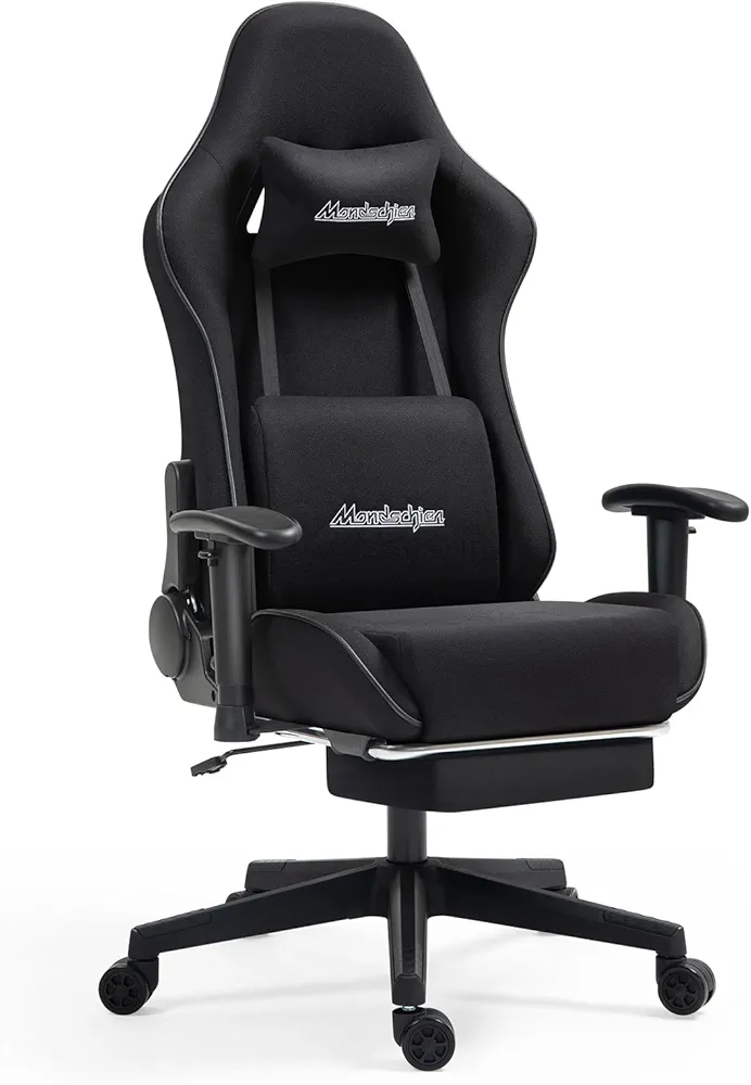 Gaming Chair with Pocket Spring, Fabric Office Chair Massage Computer Chair with Footrest, High Back Ergonomic Reclining Desk Chair Racing Gamer PC Chair Adjustable Armrest Headrest (Black)