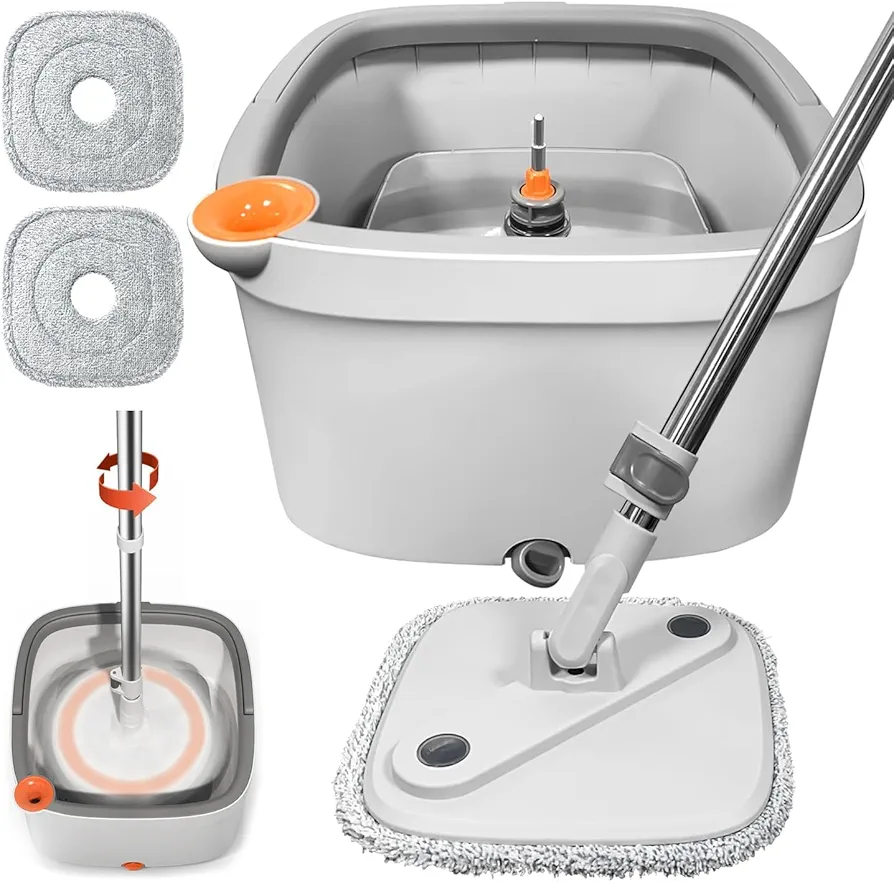 Spin Mop and Bucket with M16 Self Separation Dirty and Clean Water System with 2Pads, Self Wringing 360° Rotating Clean Mop-Head and Bucket Set for Hardwood Tile Marble Floors Mop-Grey